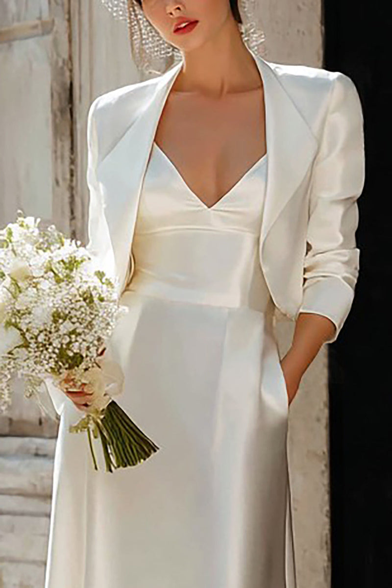 Load image into Gallery viewer, Ivory 2 Piece Sheath V Neck Satin Floor Length Wedding Dress with Jacket