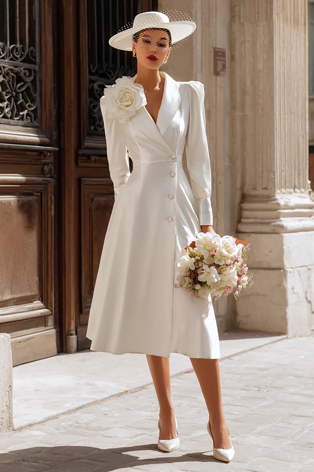 Ivory Shawl Lapel Single Breasted Midi Blazer Wedding Dress