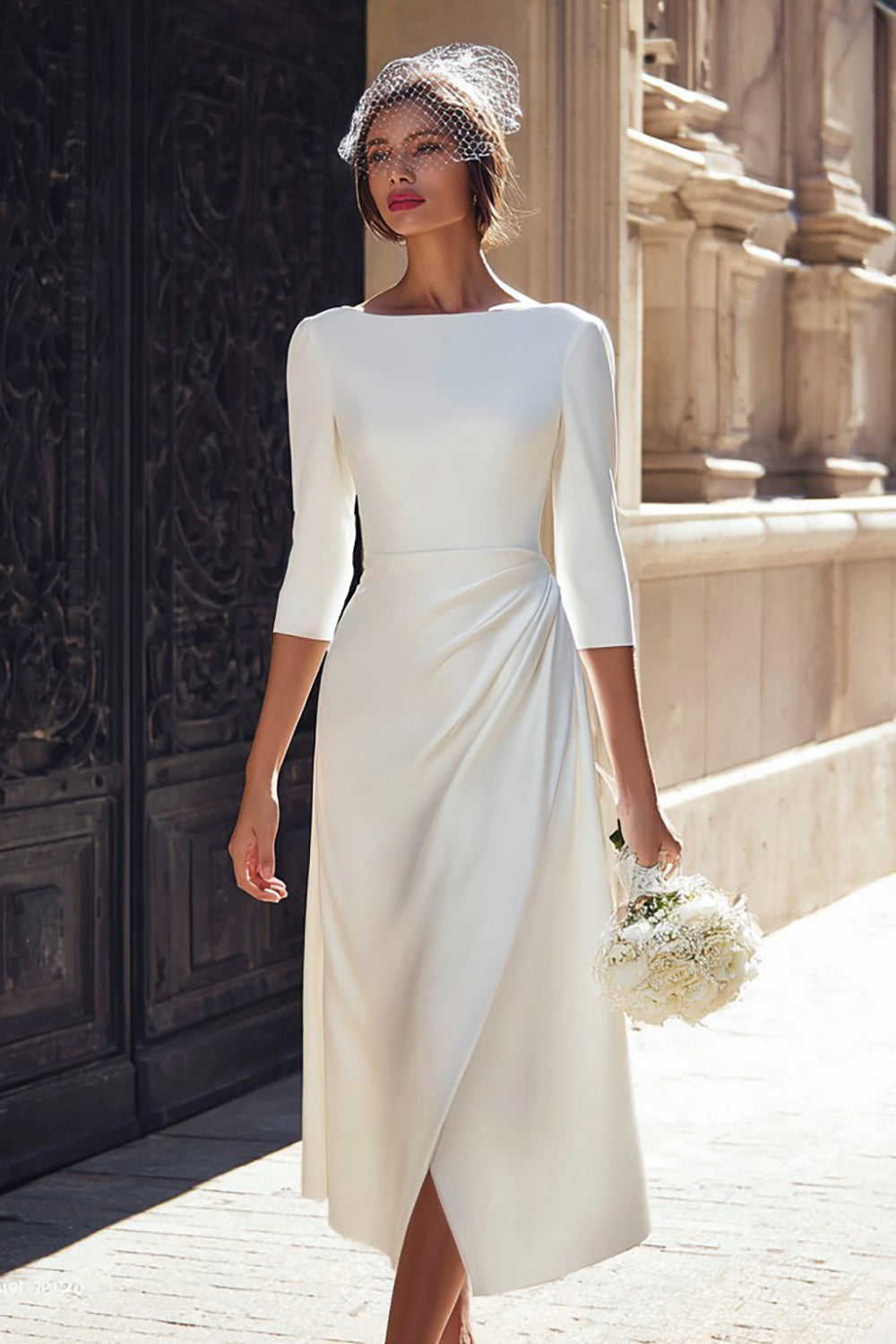 Ivory Bateau Neck Satin A Line Midi Wedding Dress