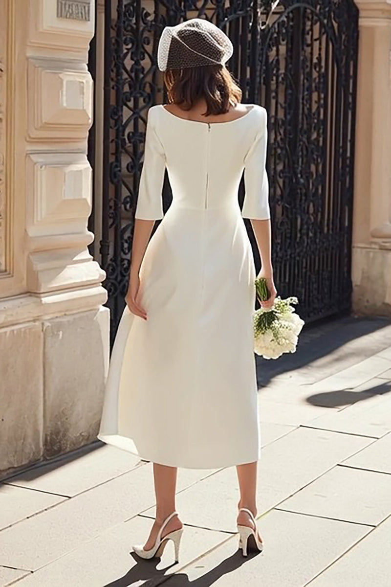 Load image into Gallery viewer, Ivory Bateau Neck Satin A Line Midi Wedding Dress