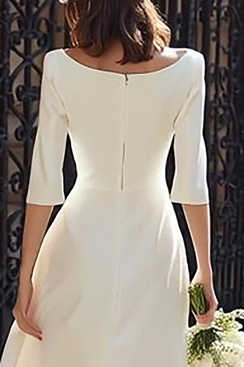Load image into Gallery viewer, Ivory Bateau Neck Satin A Line Midi Wedding Dress