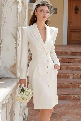 Ivory Shawl Lapel Satin Single Breasted Midi Blazer Wedding Dress
