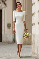 Load image into Gallery viewer, Ivory Boat Neck Satin Midi Bodycon Wedding Dress with Sleeves