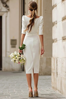 Ivory Boat Neck Satin Midi Bodycon Wedding Dress with Sleeves