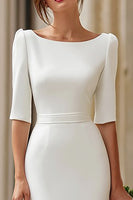 Load image into Gallery viewer, Ivory Boat Neck Satin Midi Bodycon Wedding Dress with Sleeves