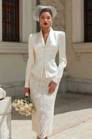 Load image into Gallery viewer, Ivory 2 Piece Shawl Lapel Satin Midi Wedding Outfits with Buttons