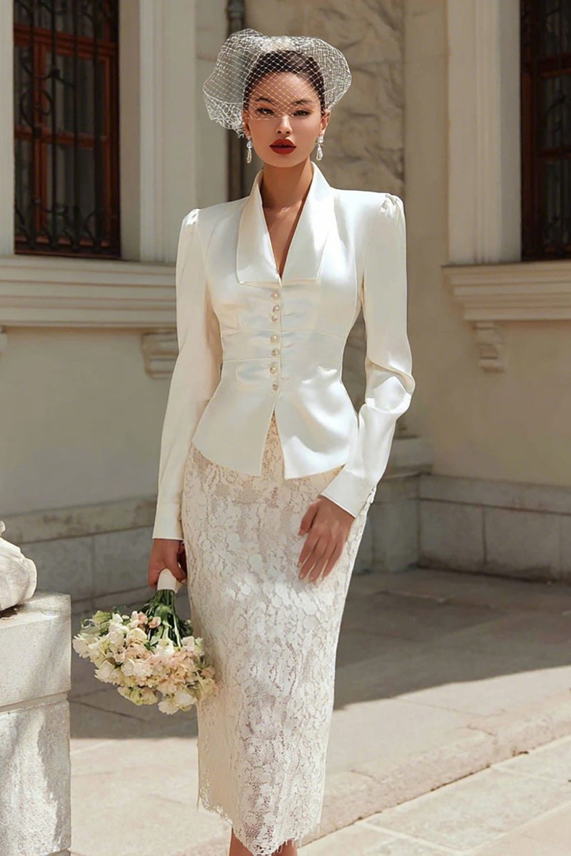 Load image into Gallery viewer, Ivory 2 Piece Shawl Lapel Satin Midi Wedding Outfits with Buttons