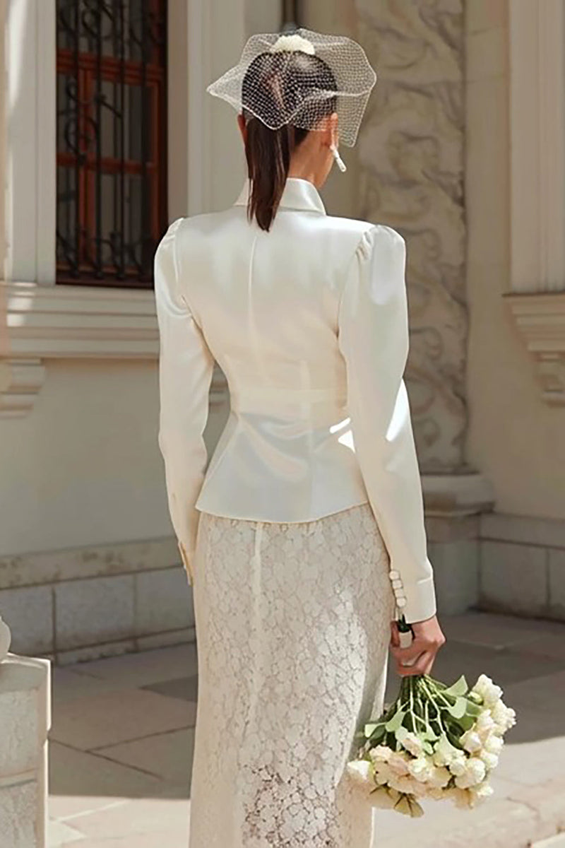 Load image into Gallery viewer, Ivory 2 Piece Shawl Lapel Satin Midi Wedding Outfits with Buttons