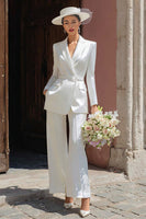 Load image into Gallery viewer, Ivory Notched Lapel Satin Long Blazer Wedding Pant Suits with Belt