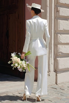 Ivory Notched Lapel Satin Long Blazer Wedding Pant Suits with Belt