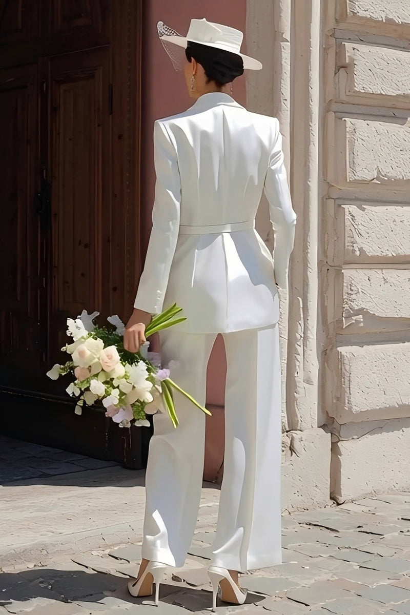 Load image into Gallery viewer, Ivory Notched Lapel Satin Long Blazer Wedding Pant Suits with Belt