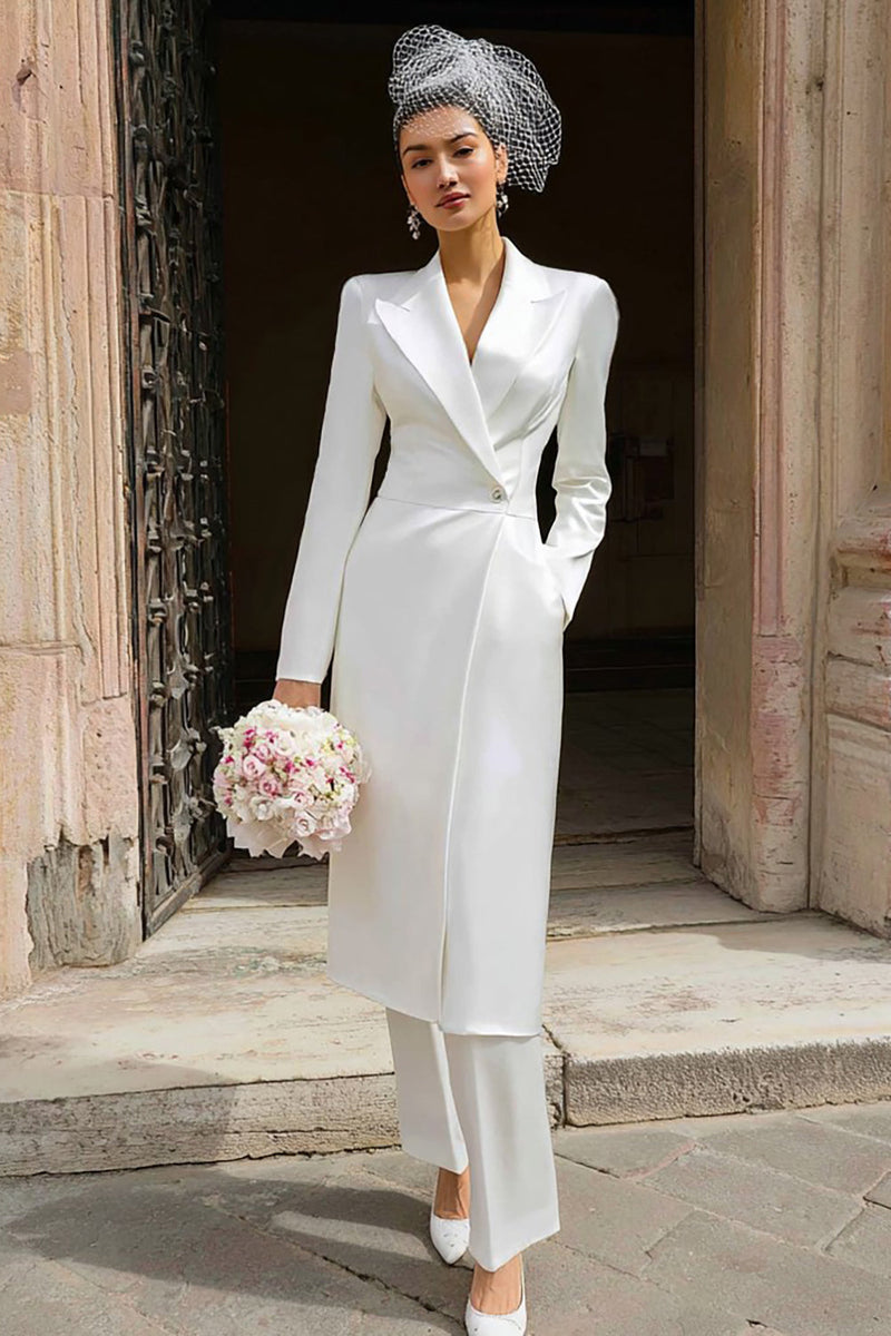 Load image into Gallery viewer, Ivory 2 Piece Peak Lapel Long Blazer Wedding Pant Suits