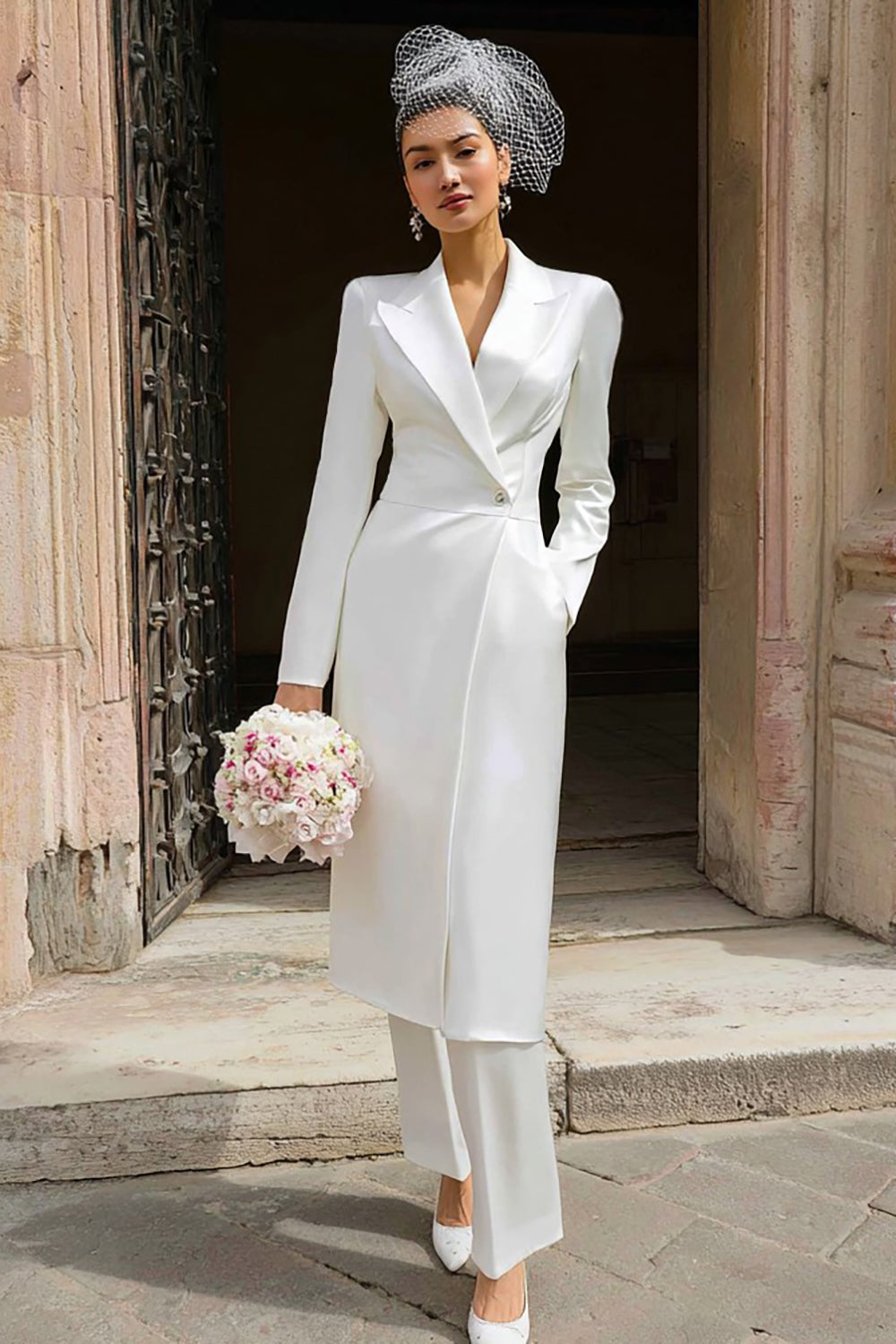 Ivory 2 Piece Peak Lapel Long Blazer Wedding Pant Suits
