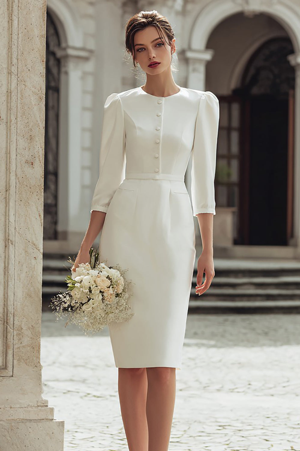 Ivory Bodycon Round Neck Midi Wedding Dress with Buttons