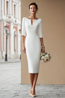 Load image into Gallery viewer, Ivory Bodycon Boat Neck Midi Wedding Dress with Sleeves