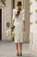Load image into Gallery viewer, Ivory Bodycon Boat Neck Midi Wedding Dress with Sleeves