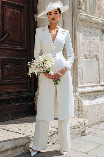 Ivory Notched Lapel 2 Piece Long Blazer Wedding Pant Suits with Belt