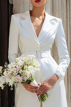 Ivory Notched Lapel 2 Piece Long Blazer Wedding Pant Suits with Belt