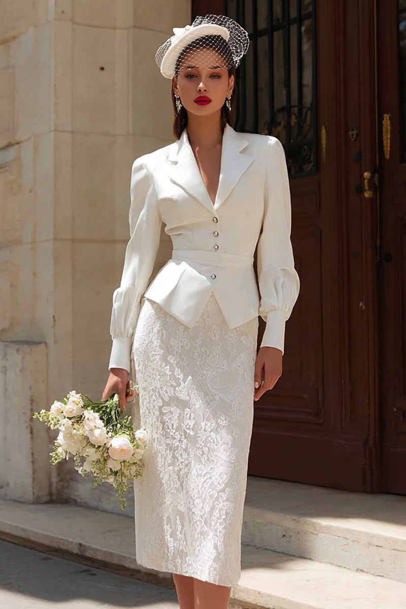 Load image into Gallery viewer, Ivory 2 Piece Notched Lapel Midi Bodycon Wedding Outfits with Sleeves