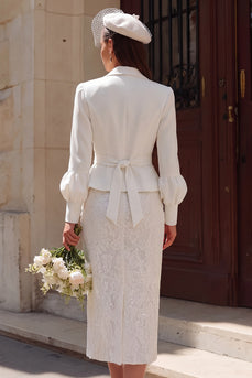 Ivory 2 Piece Notched Lapel Midi Bodycon Wedding Outfits with Sleeves