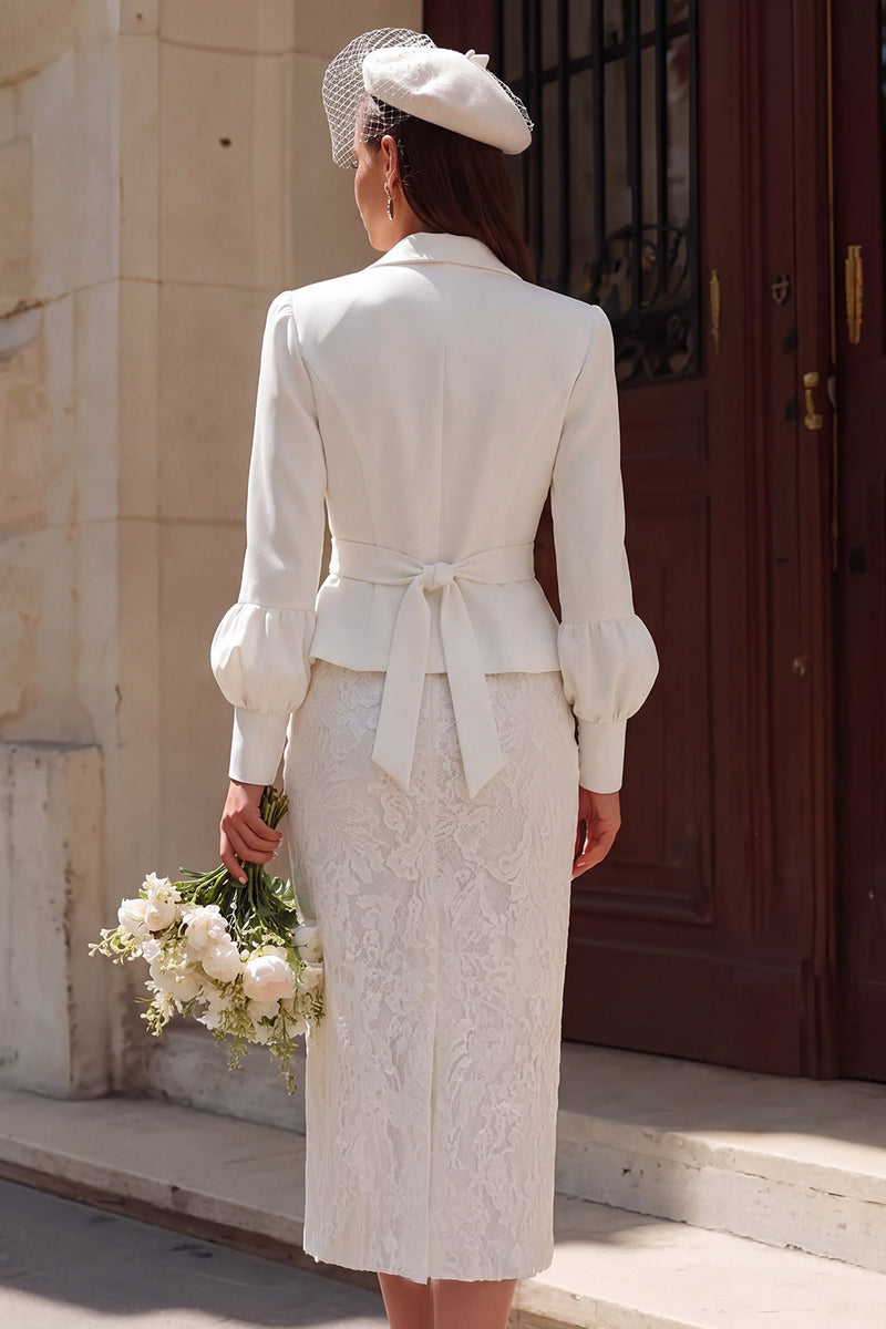 Load image into Gallery viewer, Ivory 2 Piece Notched Lapel Midi Bodycon Wedding Outfits with Sleeves