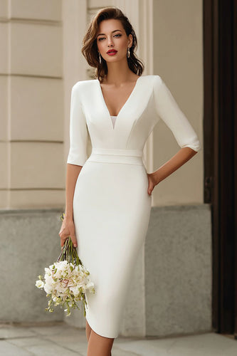 Simple Ivory Bodycon V-Neck Midi Wedding Dress
