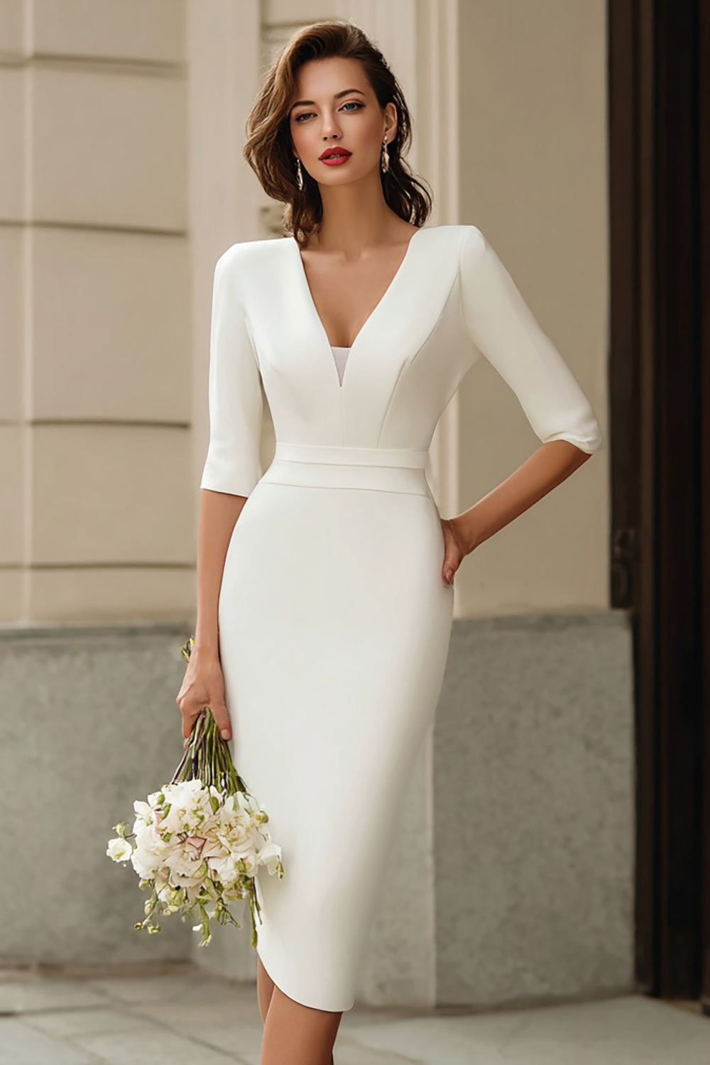 Simple Ivory Bodycon V-Neck Midi Wedding Dress