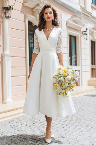 Ivory V-Neck A Line Midi Wedding Dress with Lace