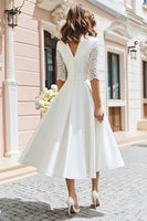 Load image into Gallery viewer, Ivory V-Neck A Line Midi Wedding Dress with Lace