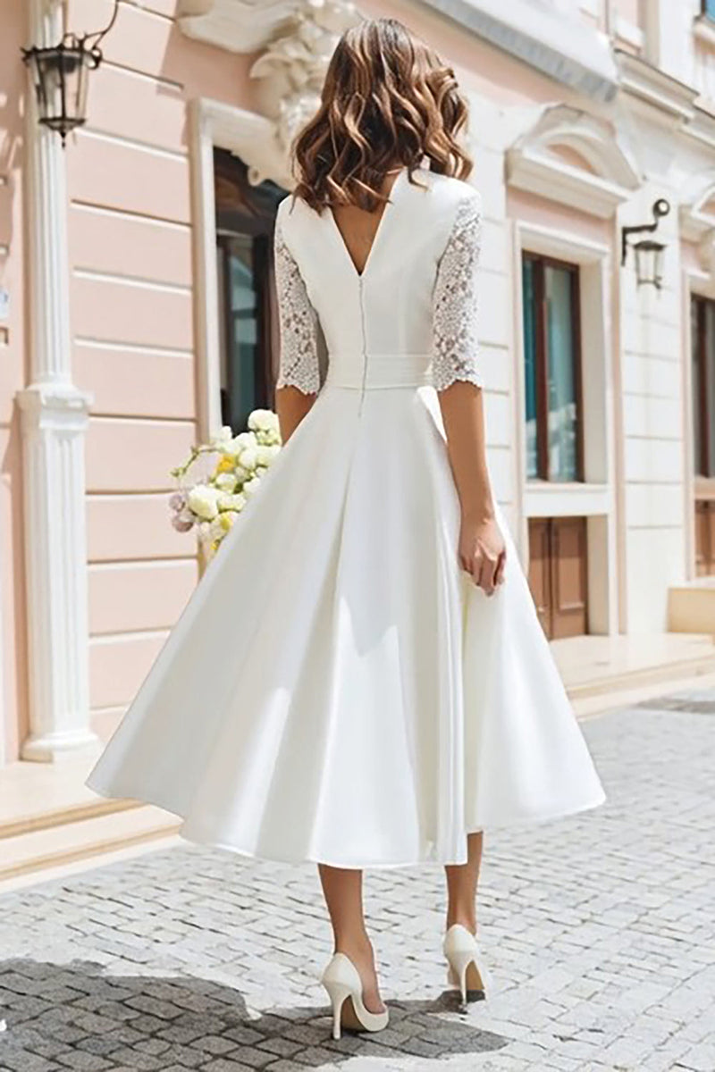 Load image into Gallery viewer, Ivory V-Neck A Line Midi Wedding Dress with Lace