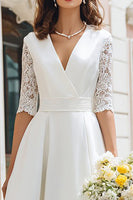Load image into Gallery viewer, Ivory V-Neck A Line Midi Wedding Dress with Lace