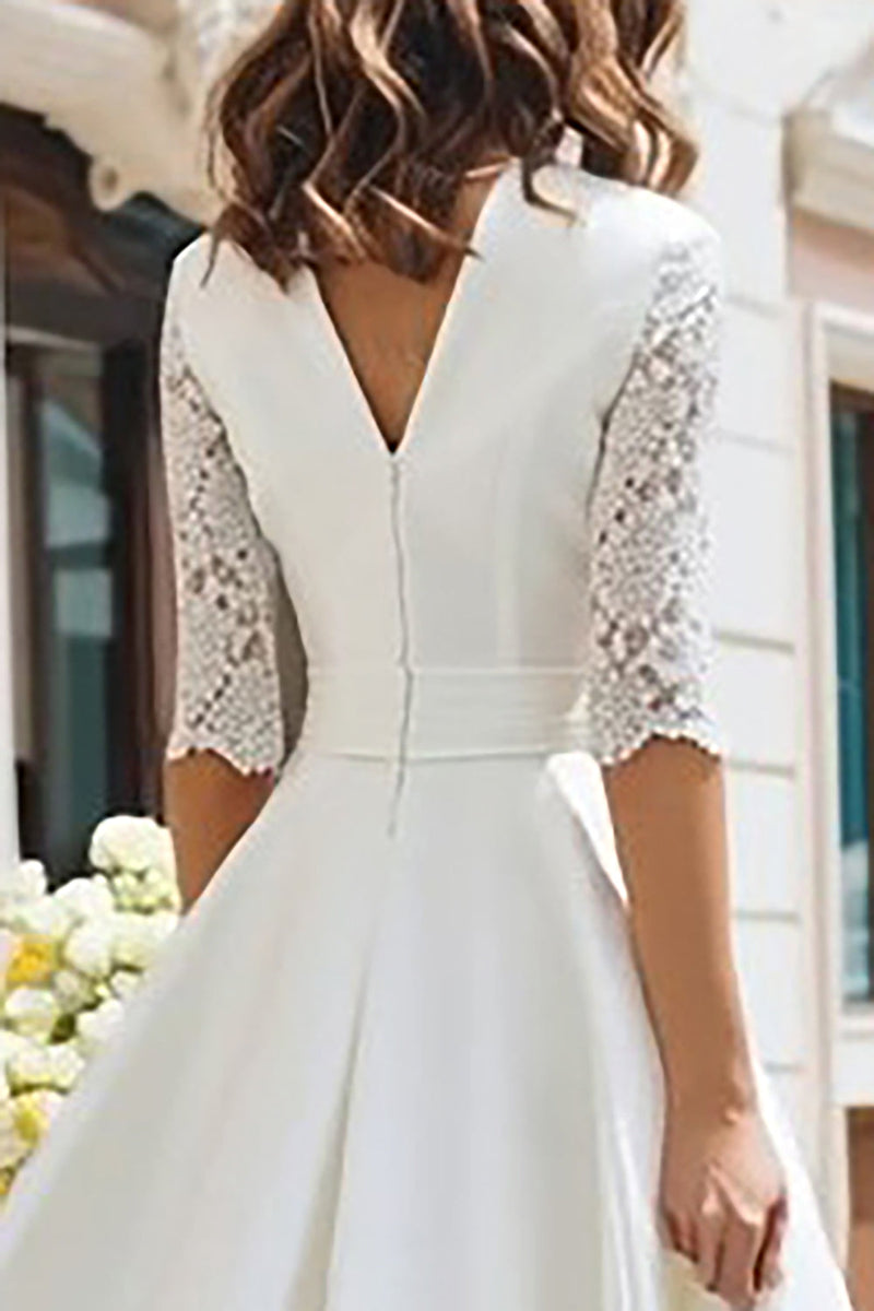 Load image into Gallery viewer, Ivory V-Neck A Line Midi Wedding Dress with Lace