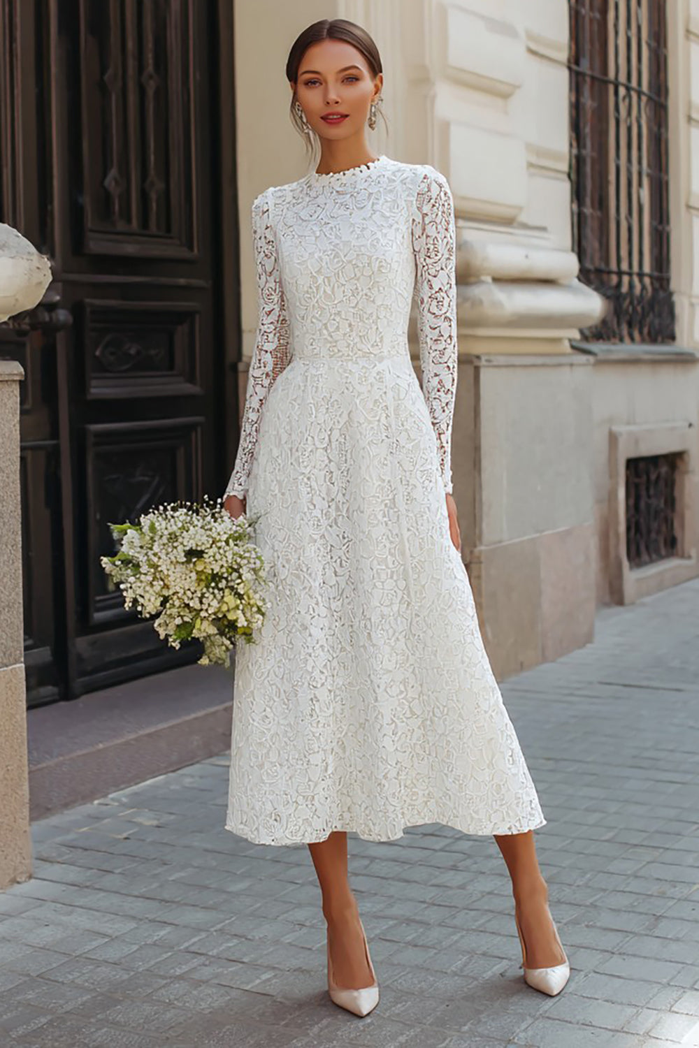 Ivory Lace Round Neck A Line Long Wedding Dress with Sleeves