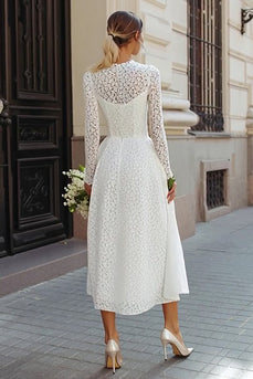 Ivory Lace Round Neck A Line Long Wedding Dress with Sleeves