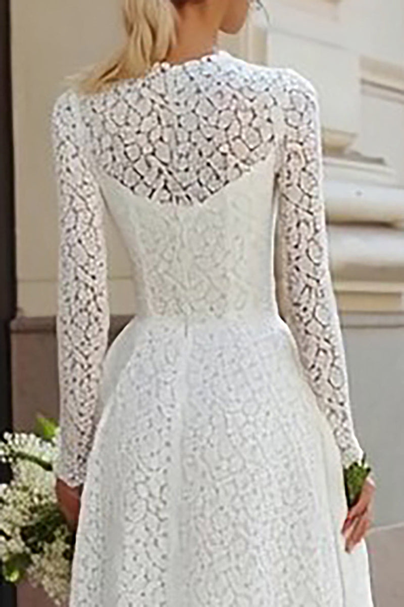 Load image into Gallery viewer, Ivory Lace Round Neck A Line Long Wedding Dress with Sleeves
