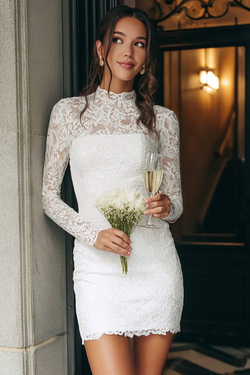 Vintage Ivory Lace High Neck Bodycon Short Wedding Dress with Sleeves