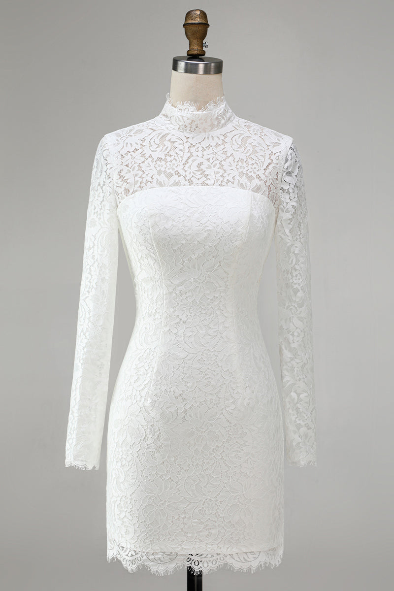 Load image into Gallery viewer, Vintage Ivory Lace High Neck Bodycon Short Wedding Dress with Sleeves