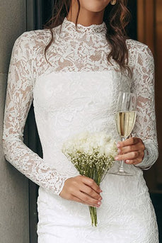 Vintage Ivory Lace High Neck Bodycon Short Wedding Dress with Sleeves