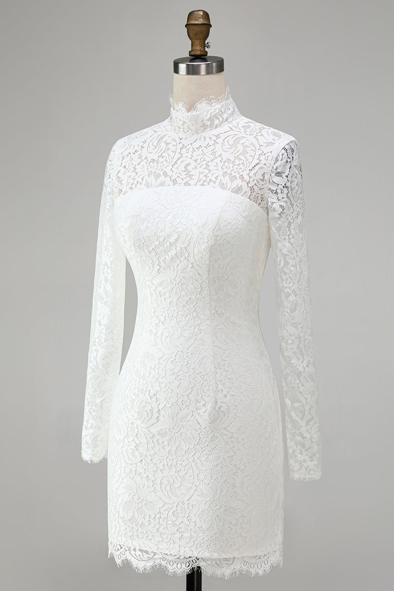 Load image into Gallery viewer, Vintage Ivory Lace High Neck Bodycon Short Wedding Dress with Sleeves