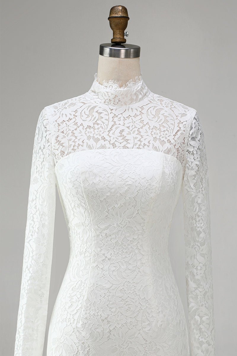 Load image into Gallery viewer, Vintage Ivory Lace High Neck Bodycon Short Wedding Dress with Sleeves