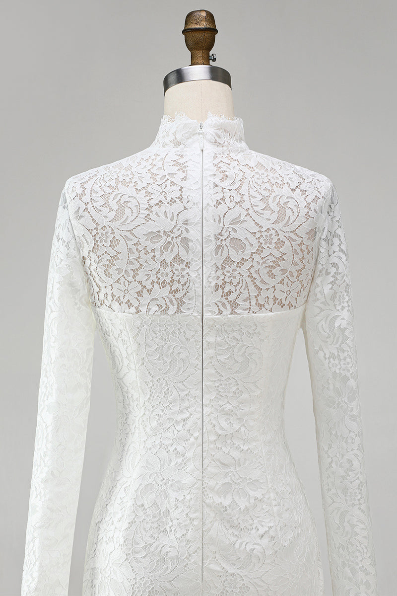 Load image into Gallery viewer, Vintage Ivory Lace High Neck Bodycon Short Wedding Dress with Sleeves
