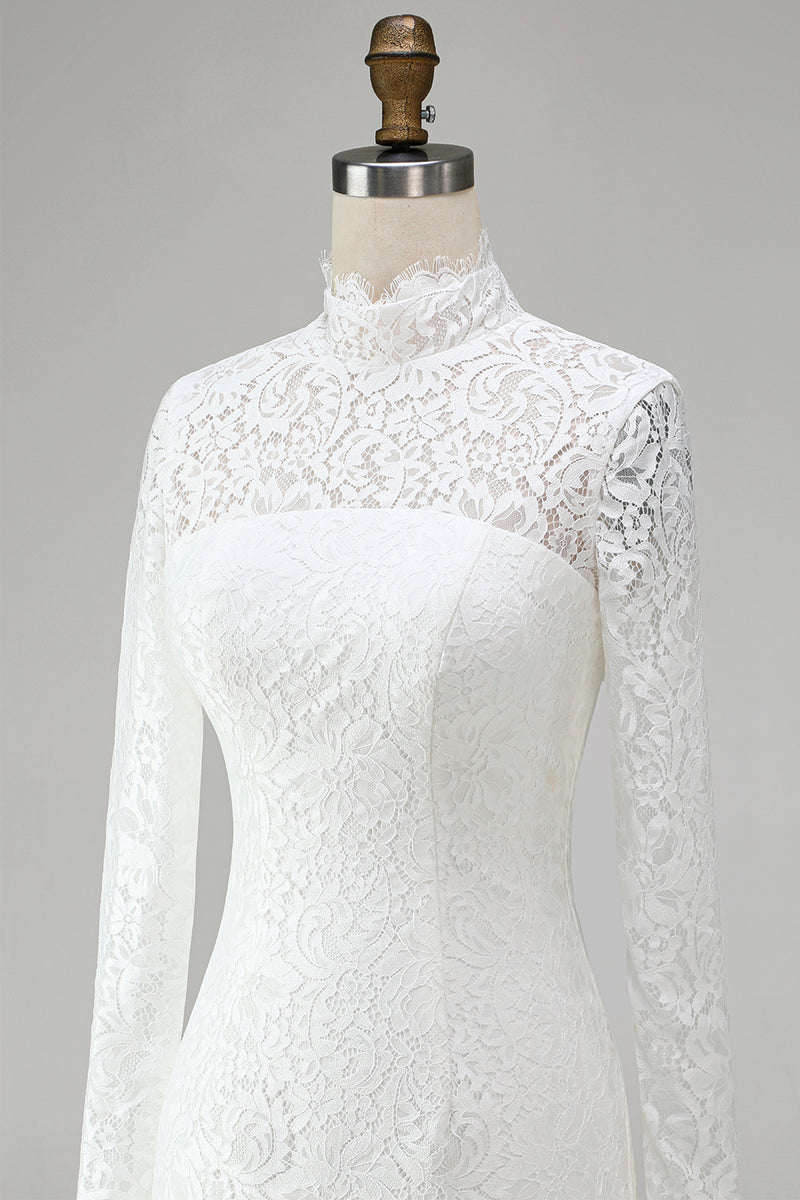 Load image into Gallery viewer, Vintage Ivory Lace High Neck Bodycon Short Wedding Dress with Sleeves