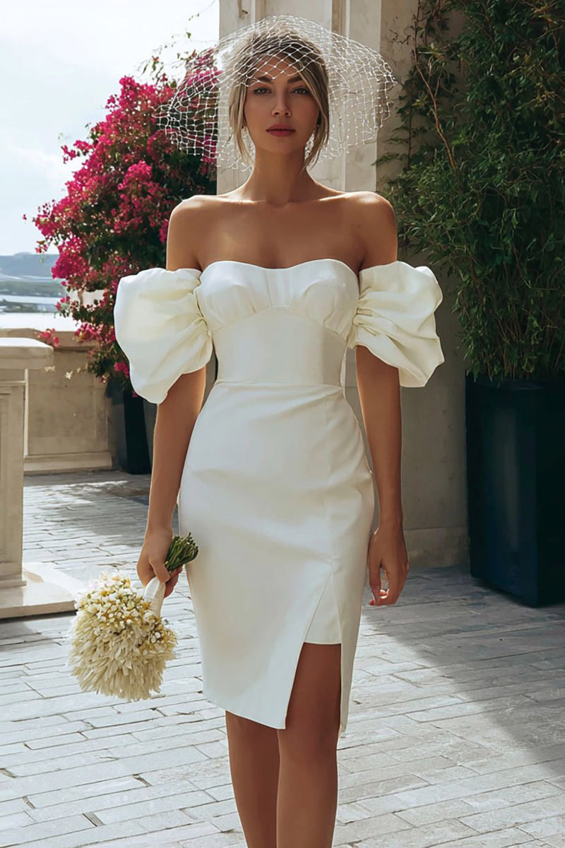 Load image into Gallery viewer, Ivory Off the Shoulder Bodycon Short Wedding Dress with Slit