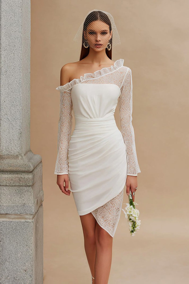 Load image into Gallery viewer, Ivory Ruched Bodycon Asymmetrical Wedding Dress with Sleeves