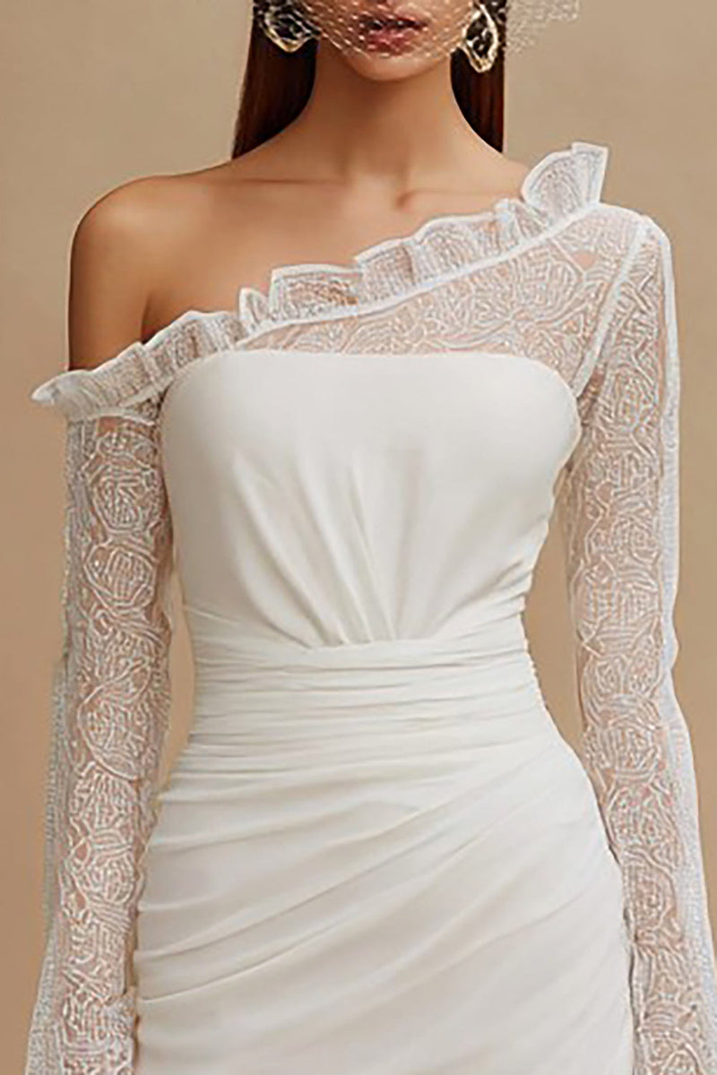 Load image into Gallery viewer, Ivory Ruched Bodycon Asymmetrical Wedding Dress with Sleeves