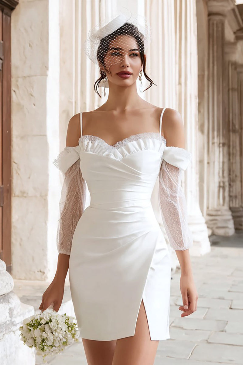 Load image into Gallery viewer, Ivory Cold Shoulder Ruched Bodycon Short Wedding Dress with Slit