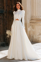 Load image into Gallery viewer, Vintage Ivory Cut Out High Neck Sweep Train Wedding Dress with Sleeves