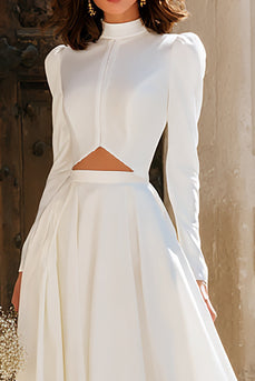 Vintage Ivory Cut Out High Neck Sweep Train Wedding Dress with Sleeves