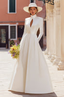 Load image into Gallery viewer, Vintage Ivory High Neck A Line Floor Length Wedding Dress with Sleeves