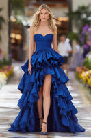 Load image into Gallery viewer, Dark Blue Ruffled A-Line Long Prom Dress with Slit